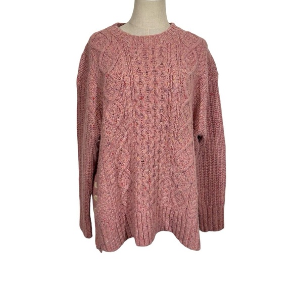 Alex Mill Button Side Aran Cable Knit Merino Wool Sweater in Dried Rose - Picture 6 of 14